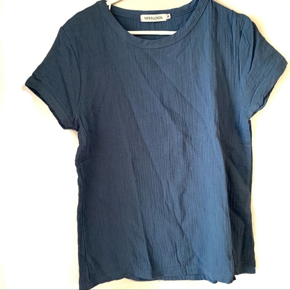 Mislook Blue Short Sleeve Basic Tee Cotton Shirt